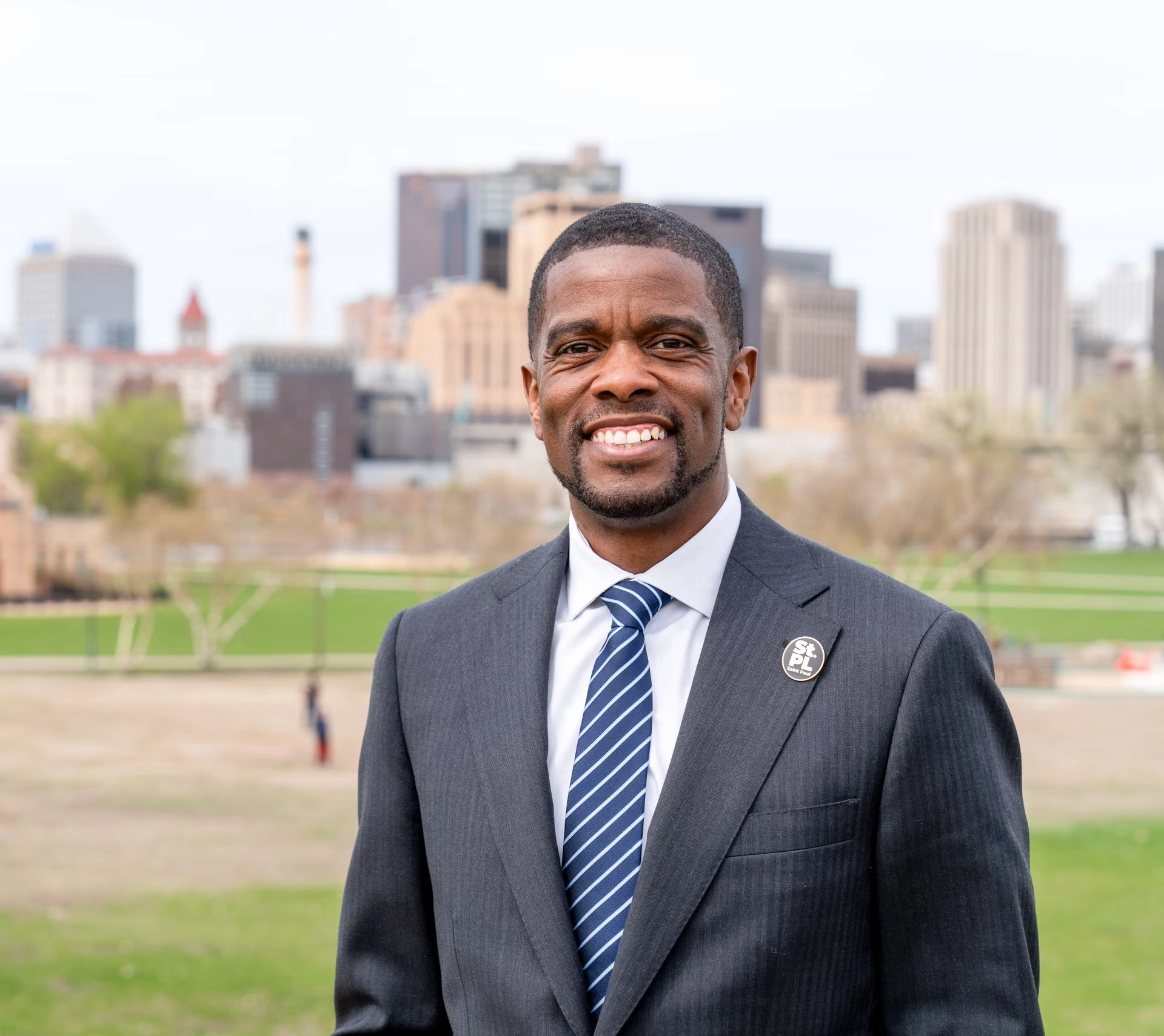 Melvin Carter with the St. Paul skyline in the background